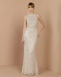 Mac Duggal #21322 Ivory Draped Pearl Embellished Column Gown Cream