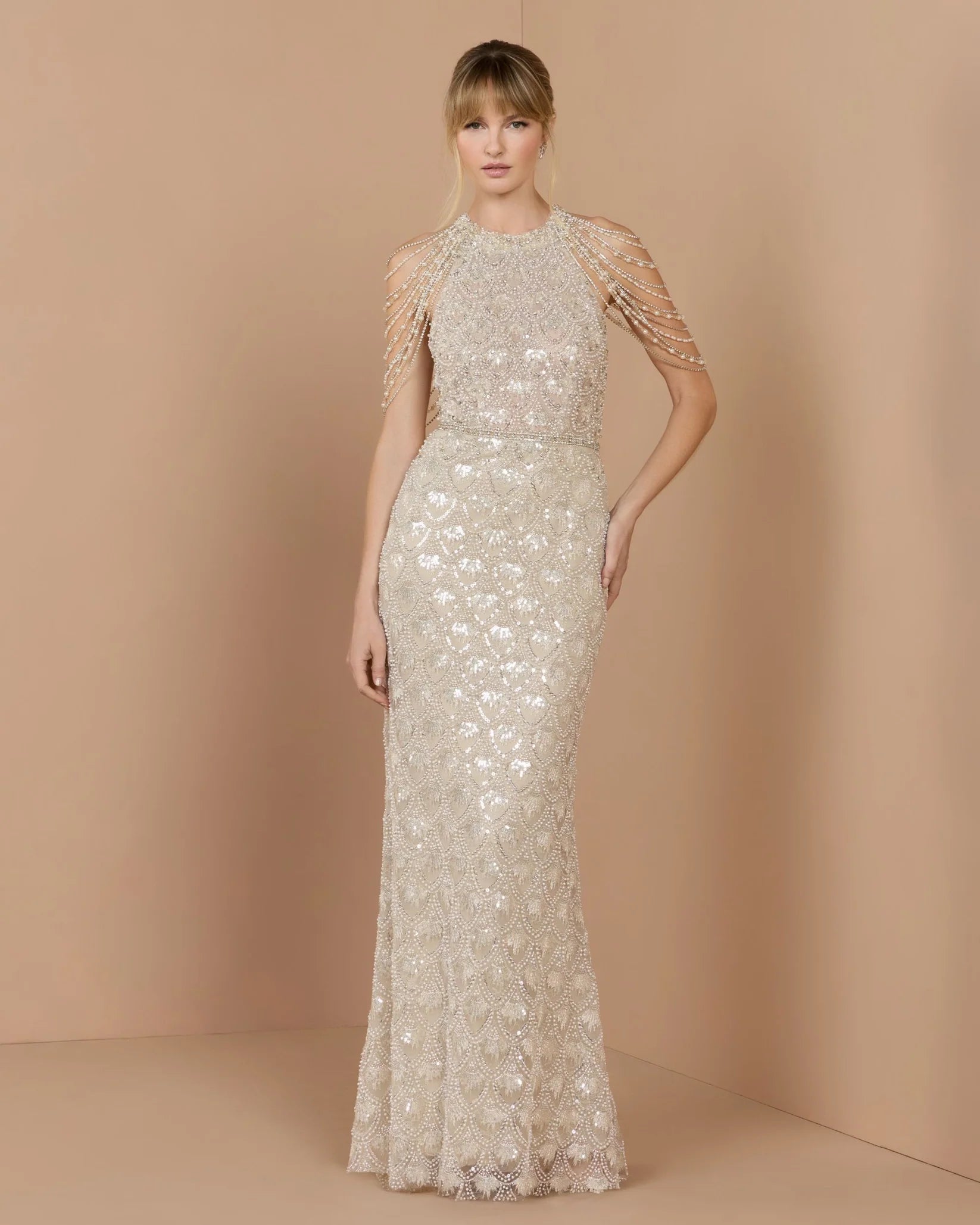 Mac Duggal #21322 Ivory Draped Pearl Embellished Column Gown Cream