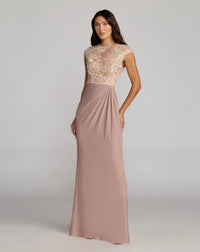 Mac Duggal #21324 taupe multi floral embroidered cap sleeve column gown