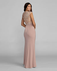 Mac Duggal #21324 taupe multi floral embroidered cap sleeve column gown