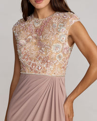 Mac Duggal #21324 taupe multi floral embroidered cap sleeve column gown