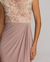 Mac Duggal #21324 taupe multi floral embroidered cap sleeve column gown