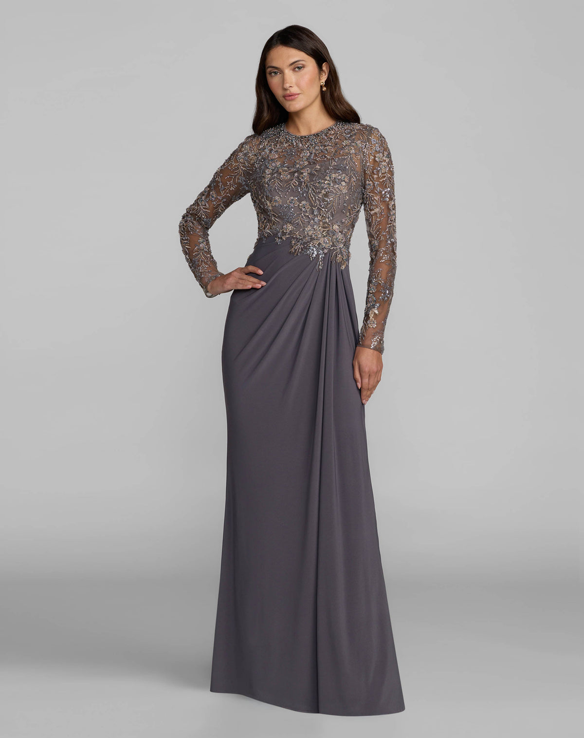 Mac Duggal #21328 charcoal embroidered long sleeve jersey gown