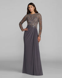 Mac Duggal #21328 charcoal embroidered long sleeve jersey gown