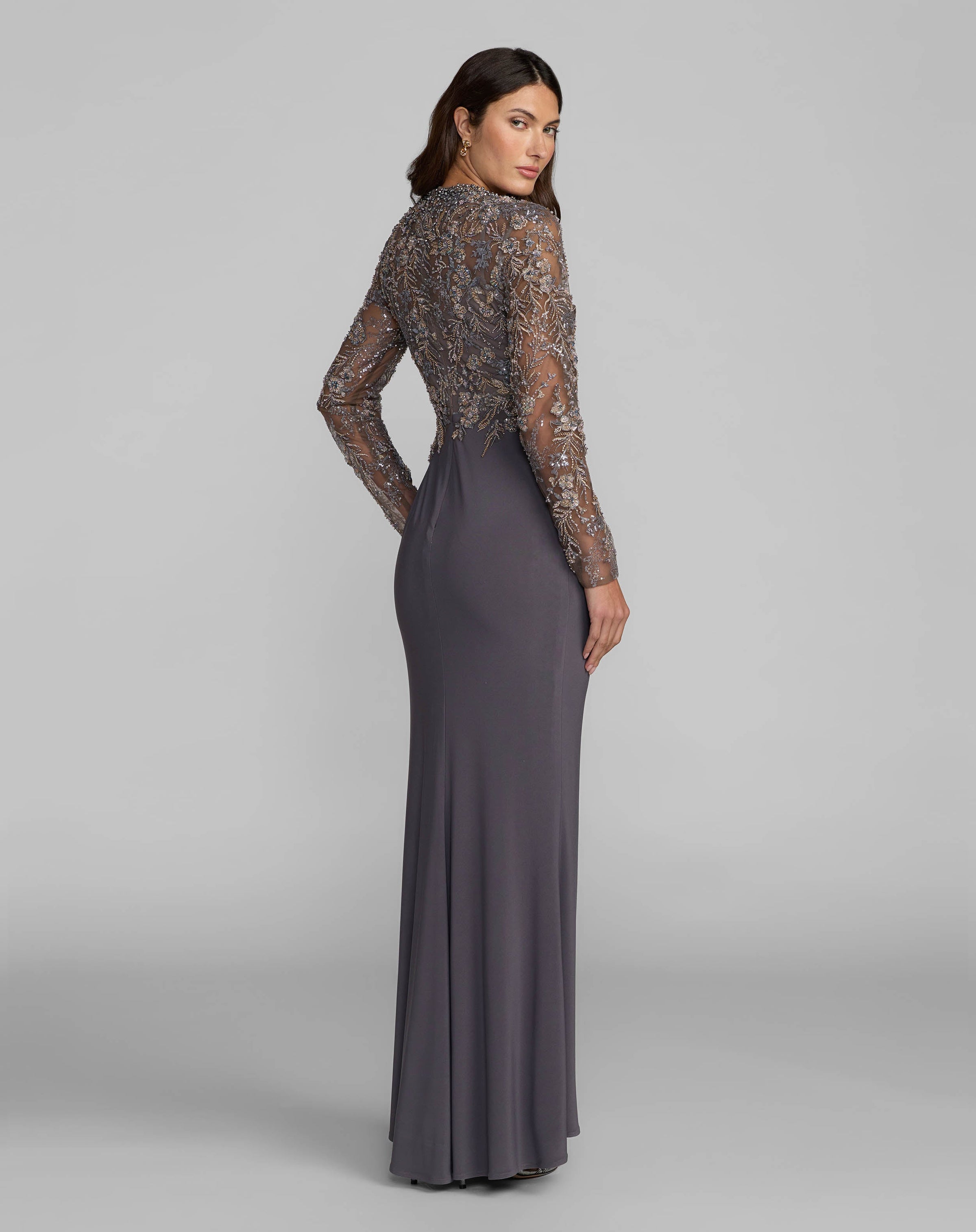 Mac Duggal #21328 charcoal jersey gown back view