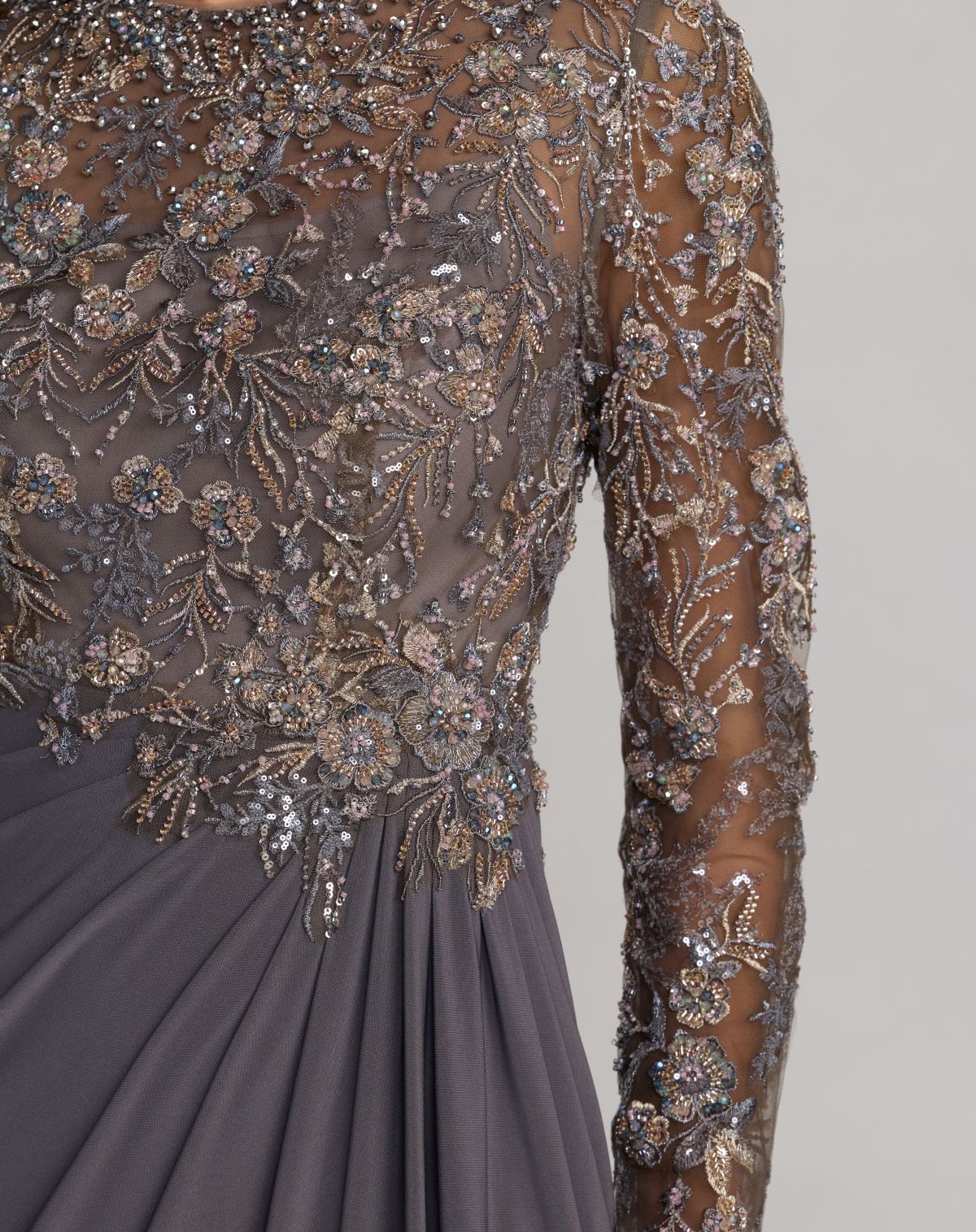 Mac Duggal #21328 charcoal beaded bodice detail