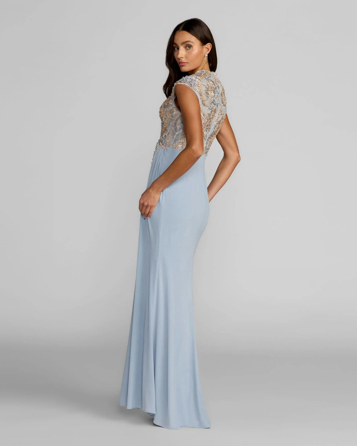 Mac Duggal Blue Embroidered V Neck Jersey Draped Gown #21330