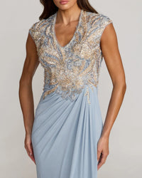 Mac Duggal Blue Embroidered V Neck Jersey Draped Gown #21330