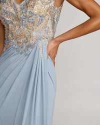Mac Duggal Blue Embroidered V Neck Jersey Draped Gown #21330
