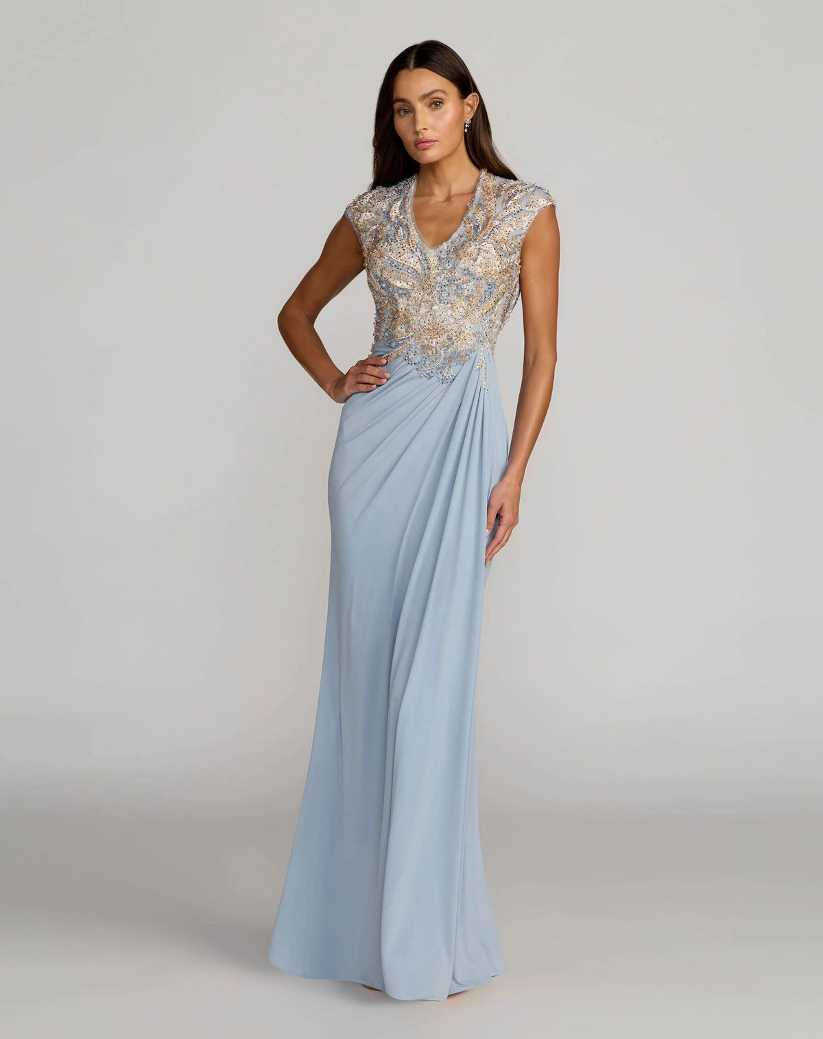 Mac Duggal Blue Embroidered V Neck Jersey Draped Gown #21330