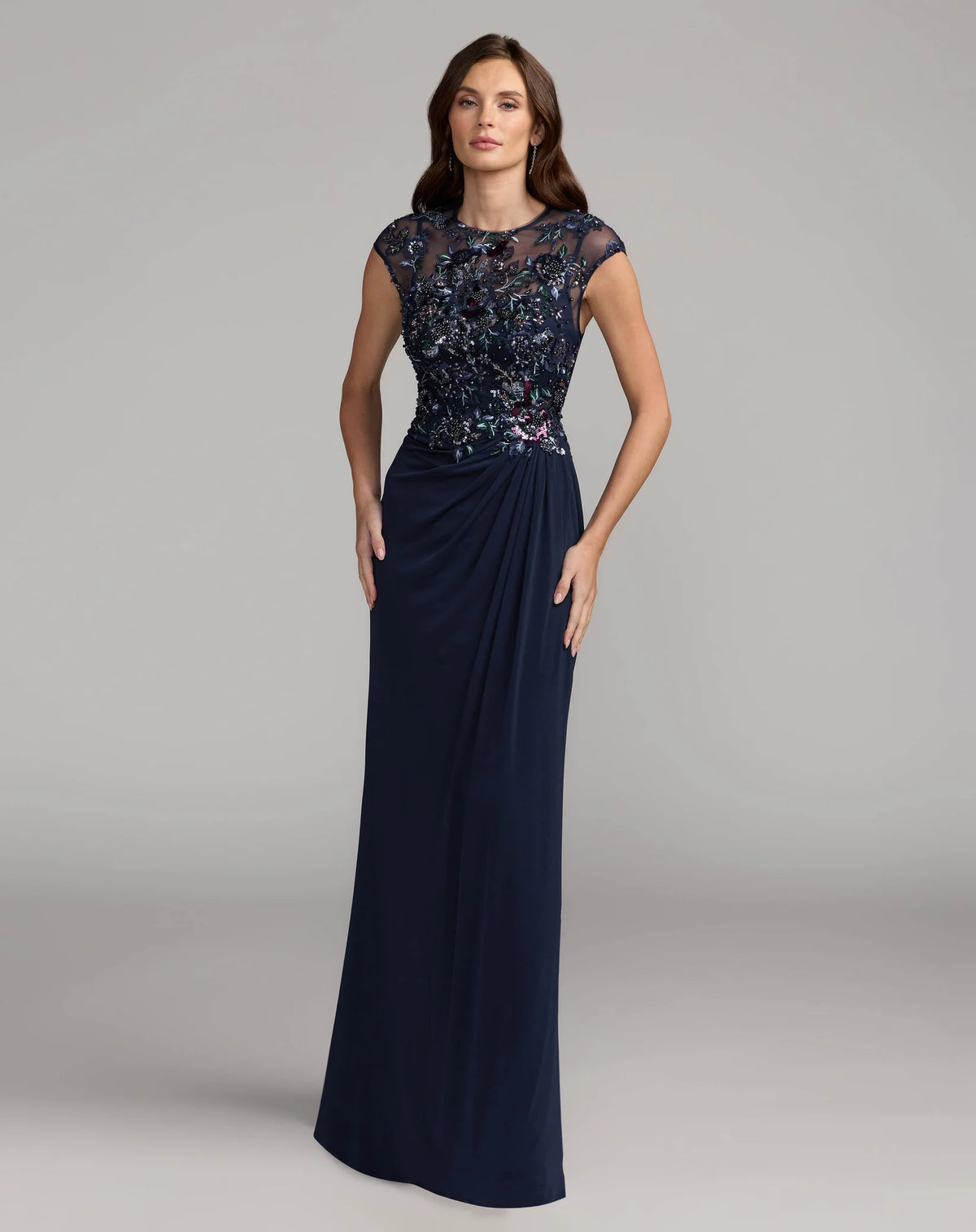 Mac Duggal #21331 Navy Embroidered Cap Sleeve Jersey Gown