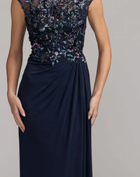 Navy Embroidered Cap Sleeve Jersey Gown