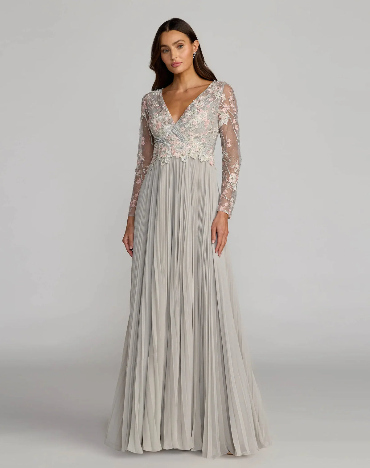 Mac Duggal Platinum Embroidered Long Sleeve V Neck Pleated Gown #21332