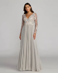 Mac Duggal Platinum Embroidered Long Sleeve V Neck Pleated Gown #21332