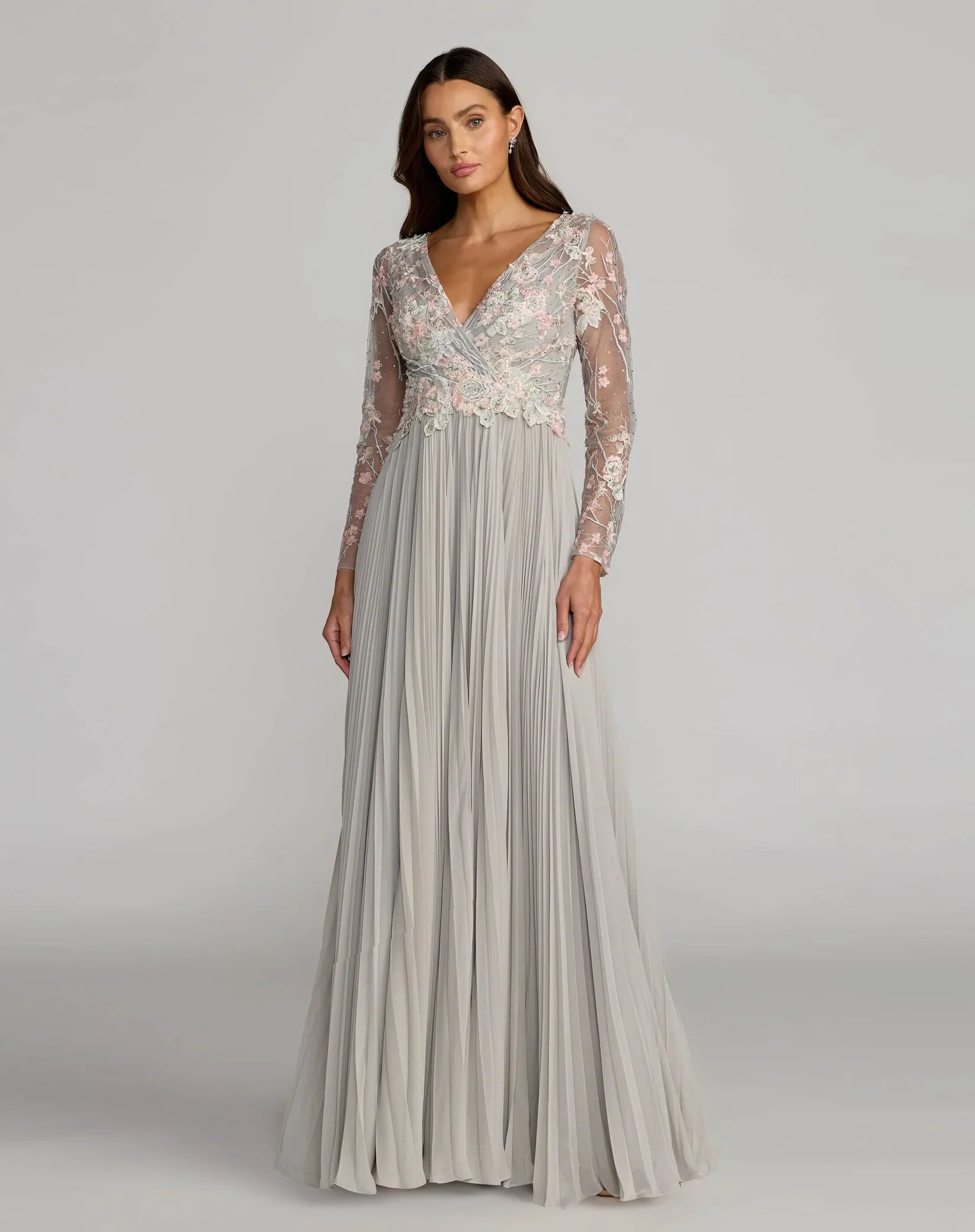 Mac Duggal Platinum Embroidered Long Sleeve V Neck Pleated Gown #21332