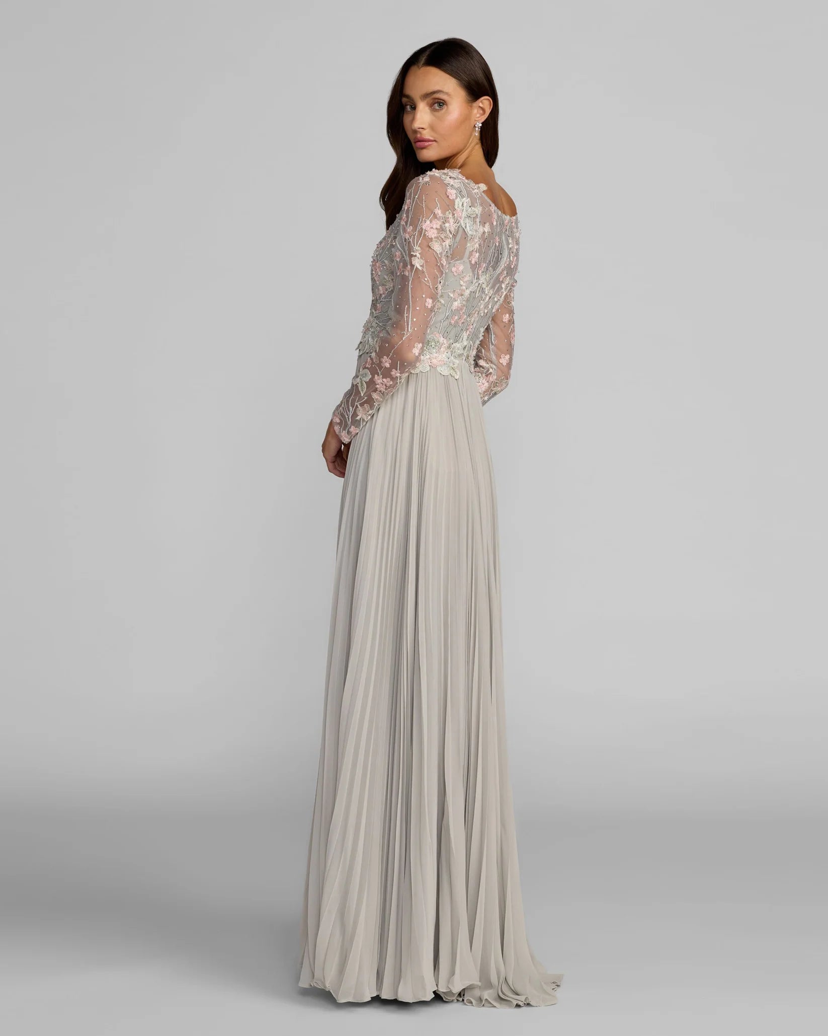 Mac Duggal Platinum Embroidered Long Sleeve V Neck Pleated Gown #21332 side view