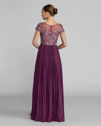 Mac Duggal #21334 plum embroidered cap sleeve pleated gown back