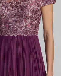 Mac Duggal #21334 plum embroidered cap sleeve pleated gown detail