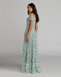 side view of Mac Duggal Style 21339 Sage Multi high neck gown with intricate floral embroidery and beaded embellishments.