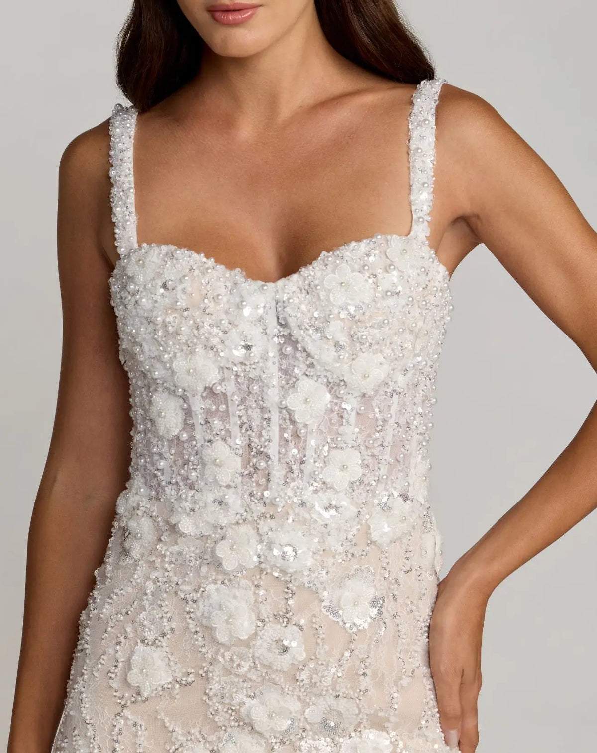 Mac Duggal UK Ivory Nude Embellished Lace Sleeveless Midi Dress #21347 Engagement Dress for Bridal