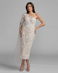Mac Duggal #21348 ivory nude beaded one shoulder corset midi dress