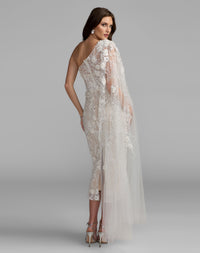 Mac Duggal #21348 ivory nude beaded one shoulder corset midi dress back view
