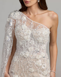 Mac Duggal #21348 ivory nude beaded one shoulder corset midi dress close-up