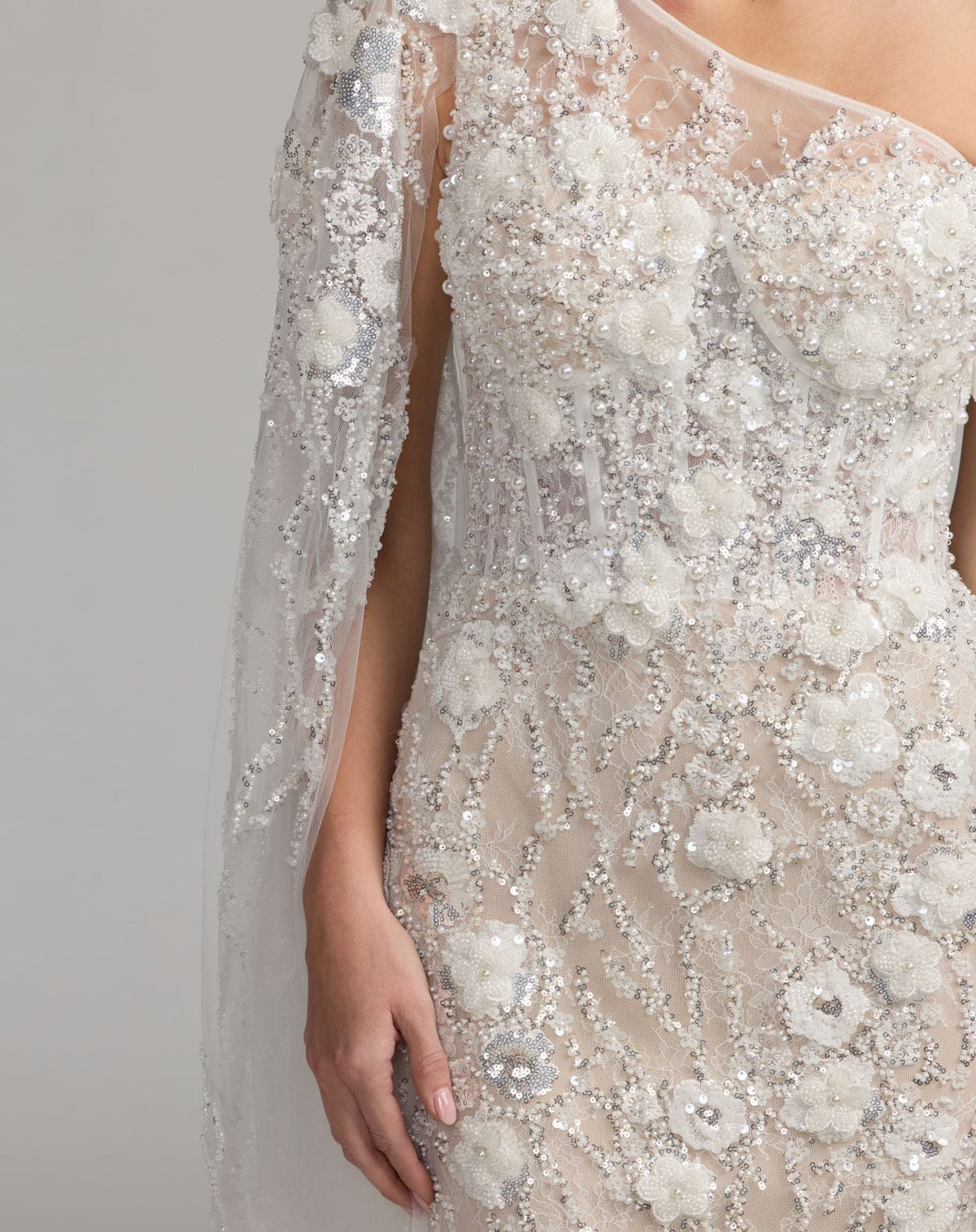 Mac Duggal #21348 ivory nude beaded one shoulder corset midi dress close-up