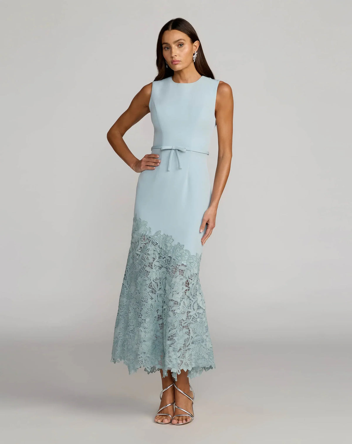 Mac Duggal 21355 Powder Blue Crepe Midi Dress with Embroidered Lace Hem and Bow Waist Detail
