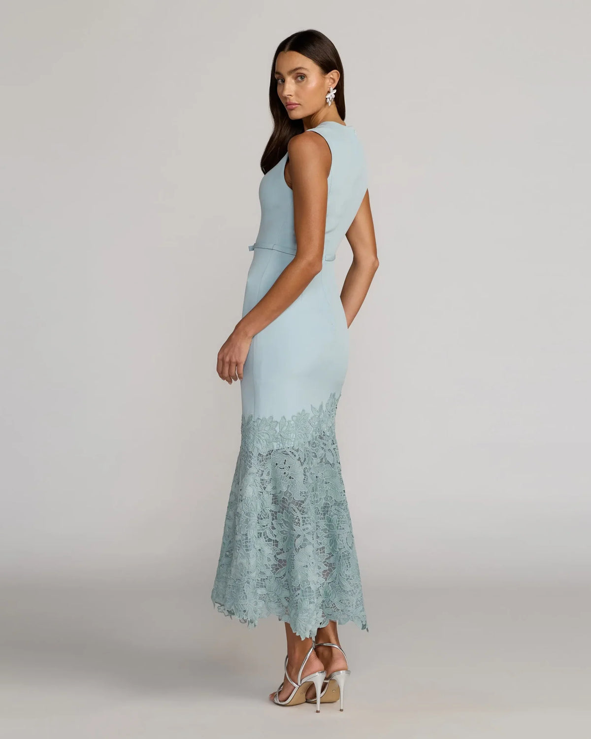 Mac Duggal 21355 Powder Blue Crepe Midi Dress with Embroidered Lace Hem and Bow Waist Detail
