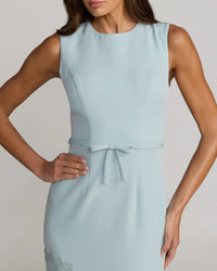 Mac Duggal 21355 Powder Blue Crepe Midi Dress with Embroidered Lace Hem and Bow Waist Detail