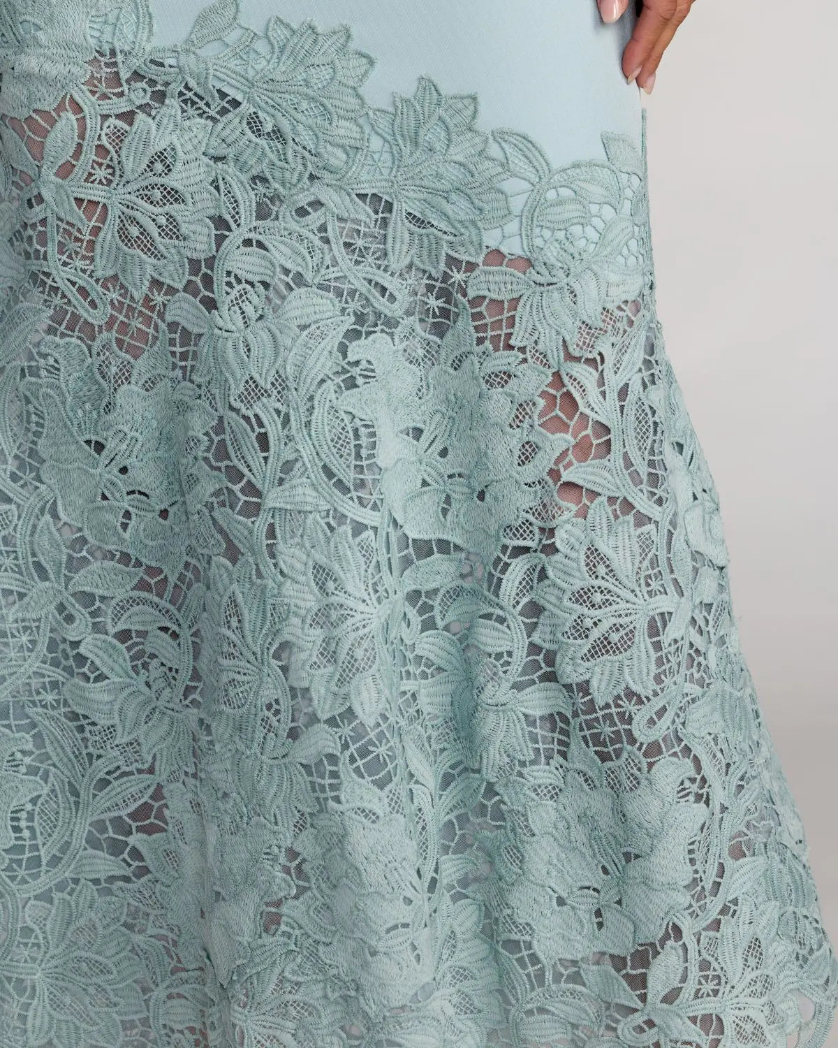  Mac Duggal 21355 Powder Blue Crepe Midi Dress with Embroidered Lace Hem and Bow Waist Detail