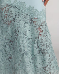  Mac Duggal 21355 Powder Blue Crepe Midi Dress with Embroidered Lace Hem and Bow Waist Detail