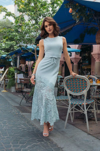 Mac Duggal 21355 Powder Blue Crepe Midi Dress with Embroidered Lace Hem and Bow Waist Detail
