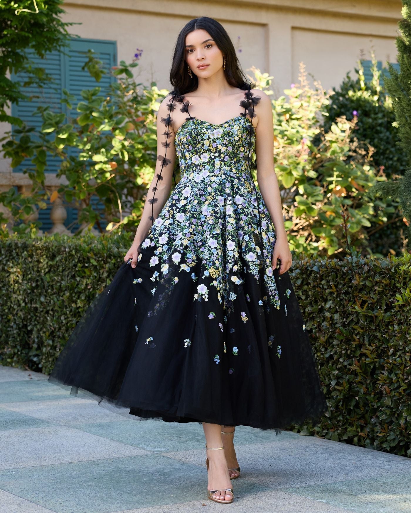Black Floral Embroidered Sweetheart A-Line Dress - lifestyle