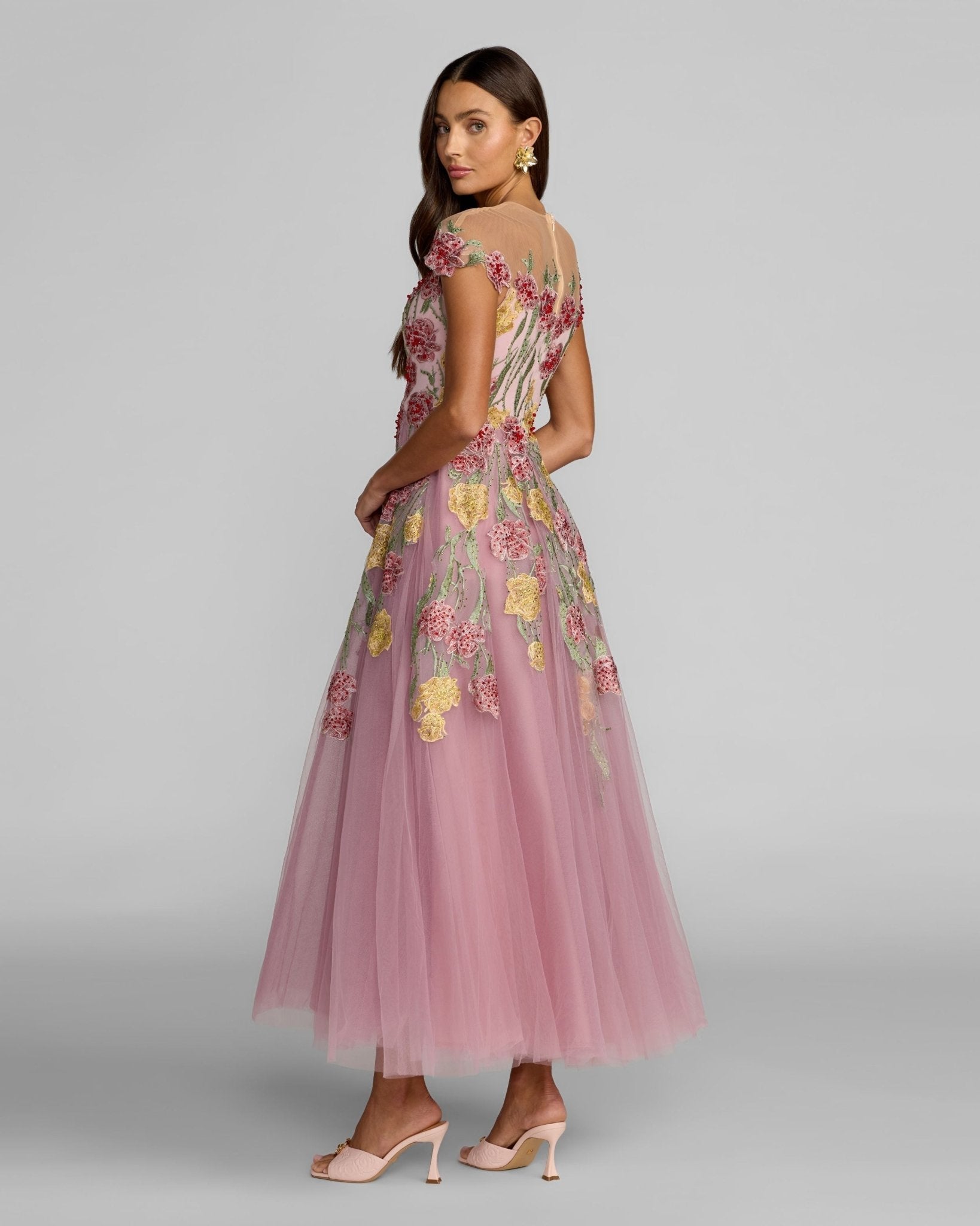 Floral Embroidered Illusion Sweetheart Midi Dress