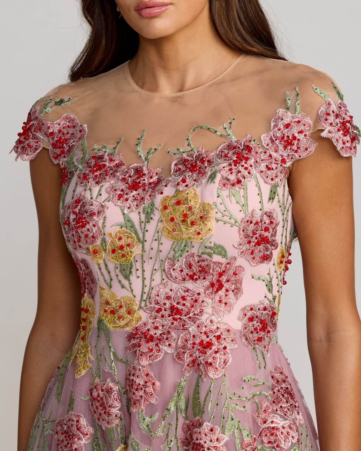 Floral Embroidered Illusion Sweetheart Midi Dress