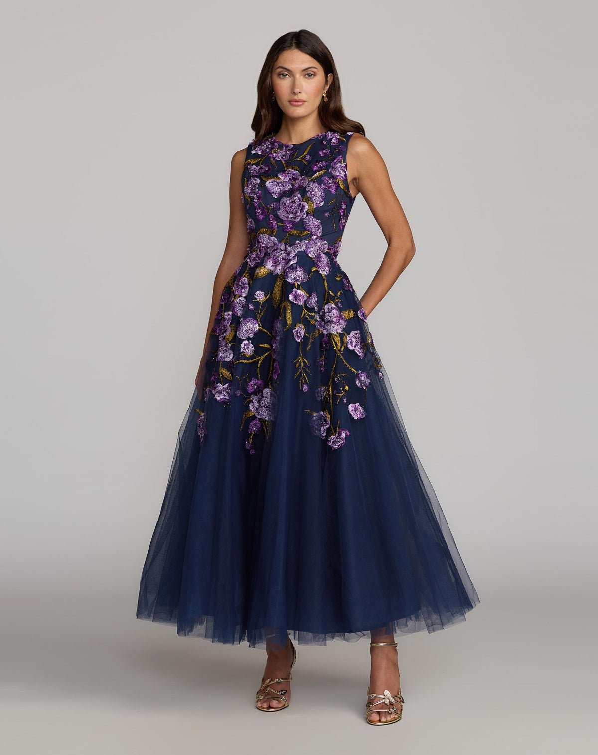 Mac Duggal Style 21358 | Embroidered Tulle A-Line Midi Dress in Midnight Multi front view