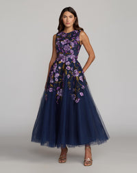 Mac Duggal Style 21358 | Embroidered Tulle A-Line Midi Dress in Midnight Multi front view