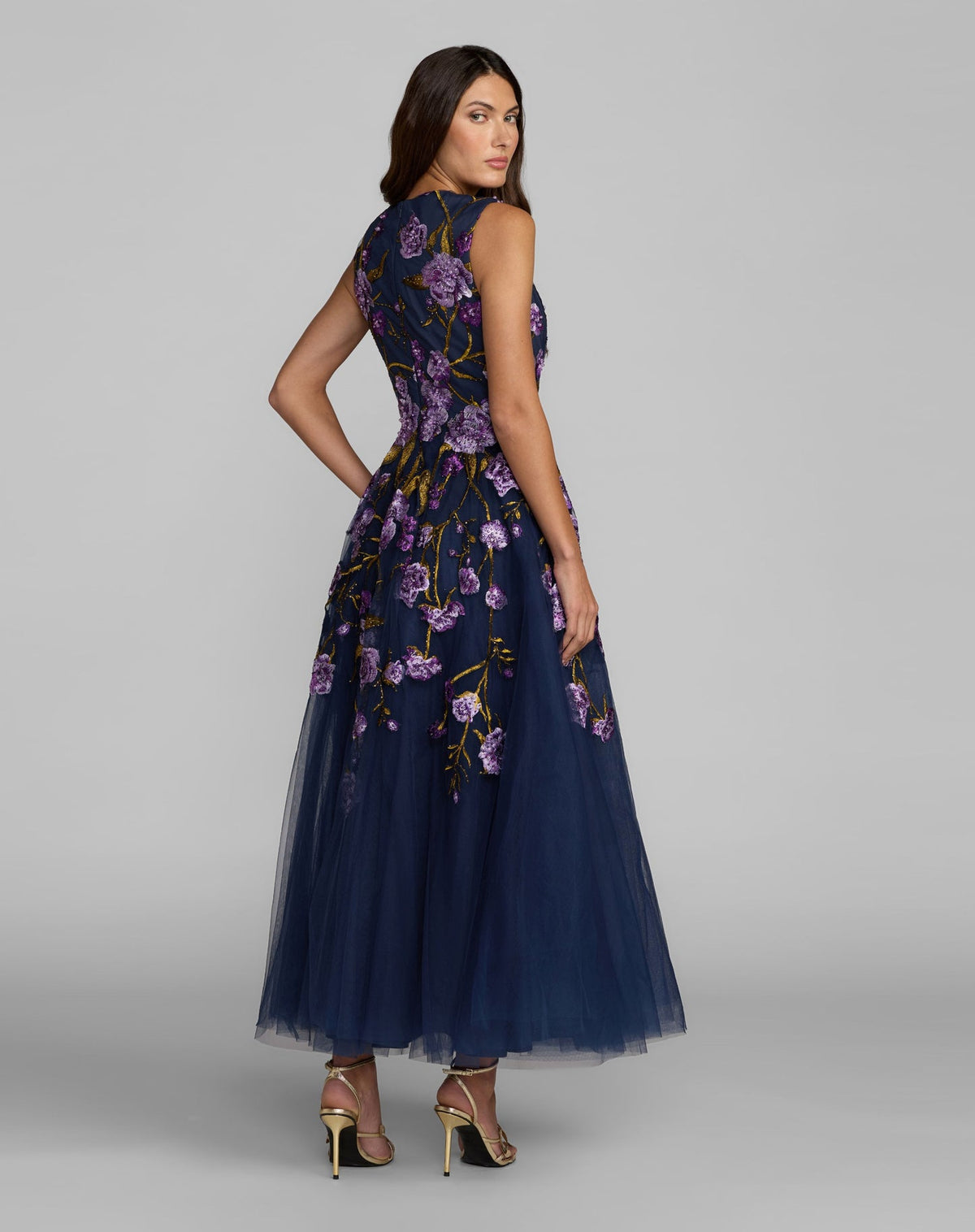 Mac Duggal Style 21358 | Embroidered Tulle A-Line Midi Dress in Midnight Multi from back