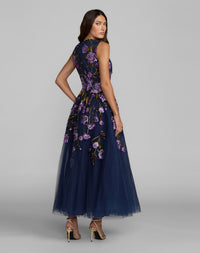 Mac Duggal Style 21358 | Embroidered Tulle A-Line Midi Dress in Midnight Multi from back