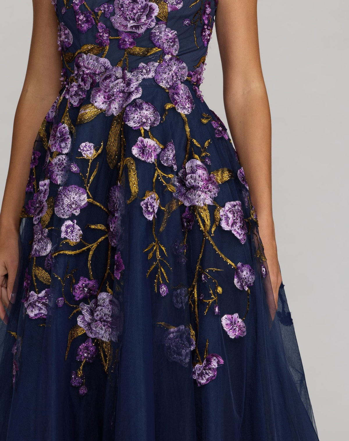 Mac Duggal Style 21358 | Embroidered Tulle A-Line Midi Dress in Midnight Multi close up view of embroidery