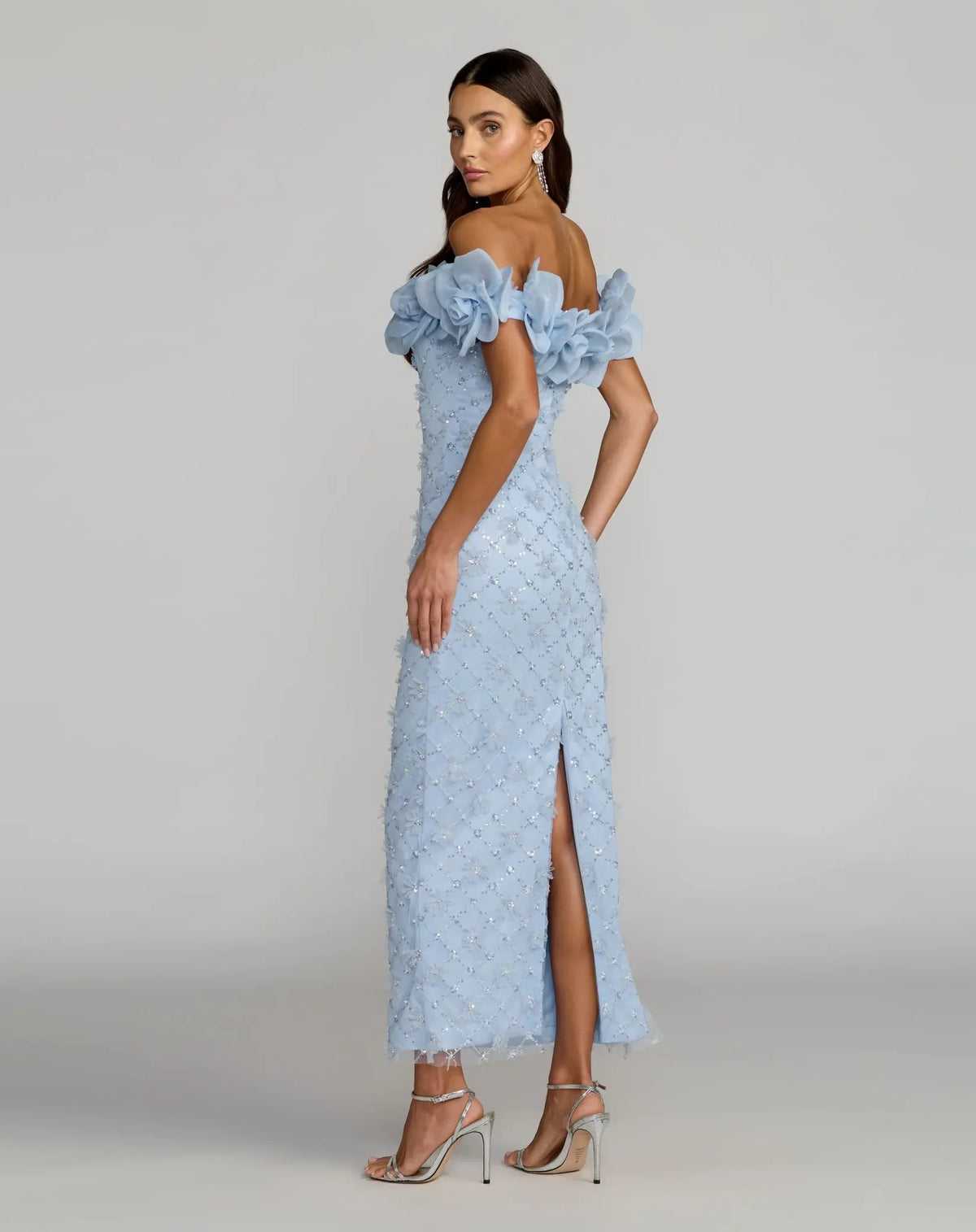 Mac Duggal Powder Blue Off The Shoulder Embellished Dress With 3D Flower Detail #21363