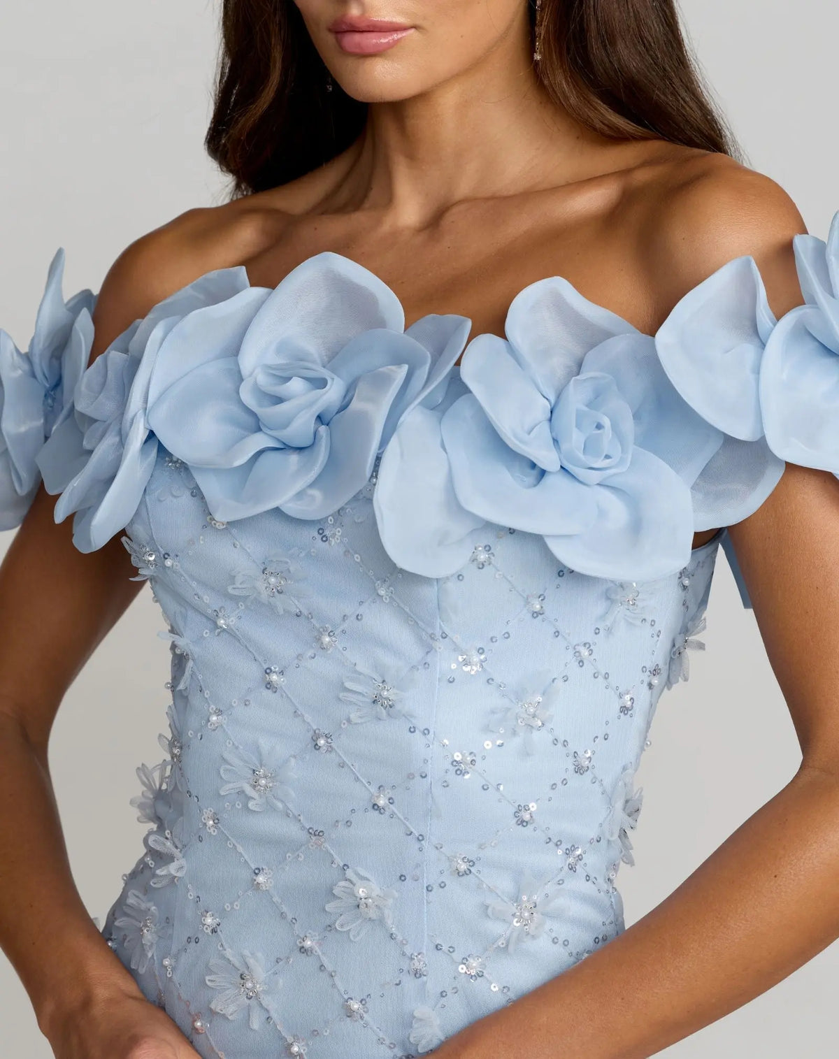 Mac Duggal Powder Blue Off The Shoulder Embellished Dress With 3D Flower Detail #21363