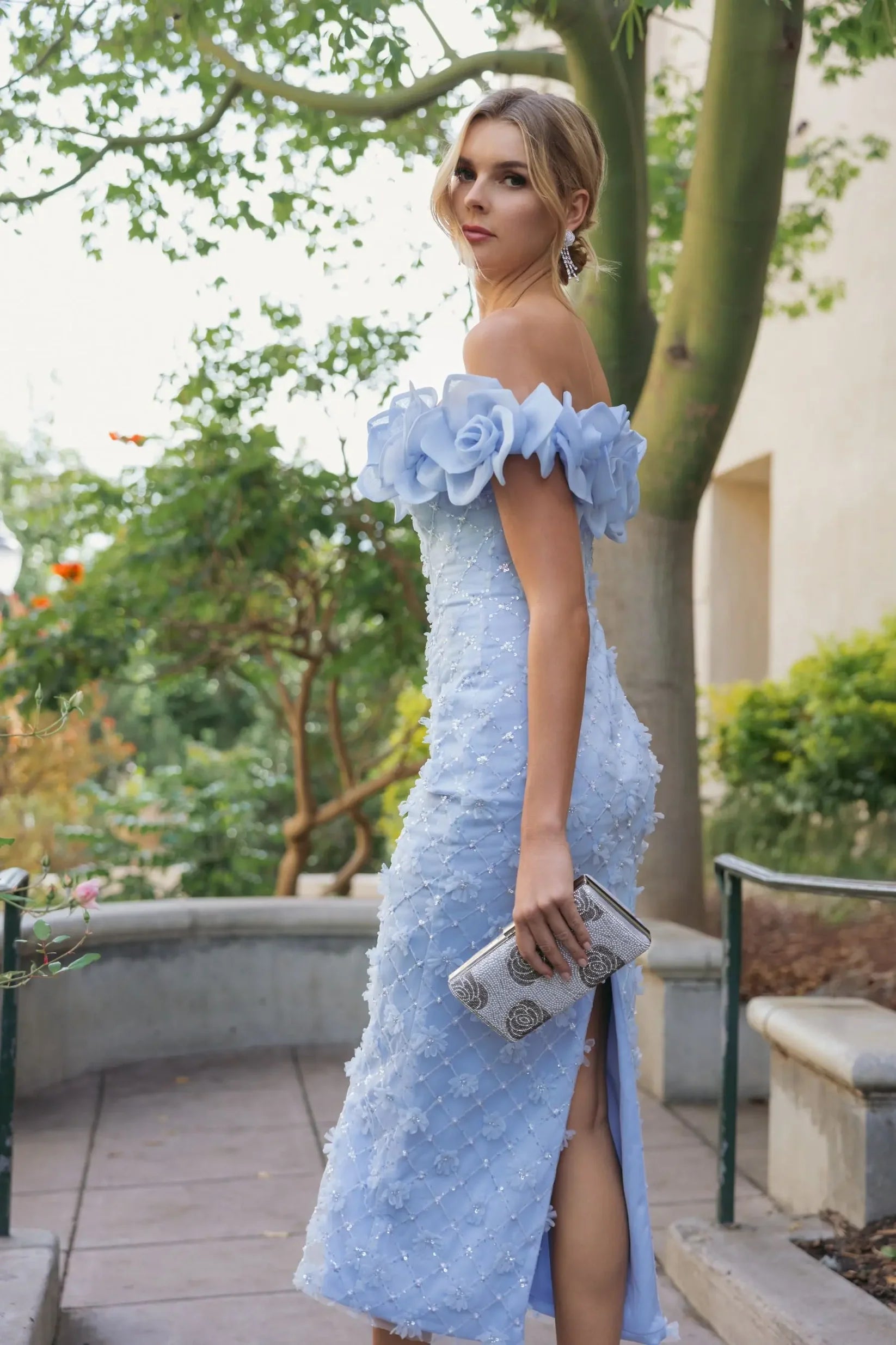 Mac Duggal Powder Blue Off The Shoulder Embellished Dress With 3D Flower Detail #21363