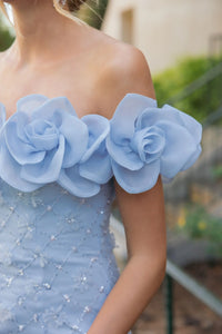 Mac Duggal Powder Blue Off The Shoulder Embellished Dress With 3D Flower Detail #21363