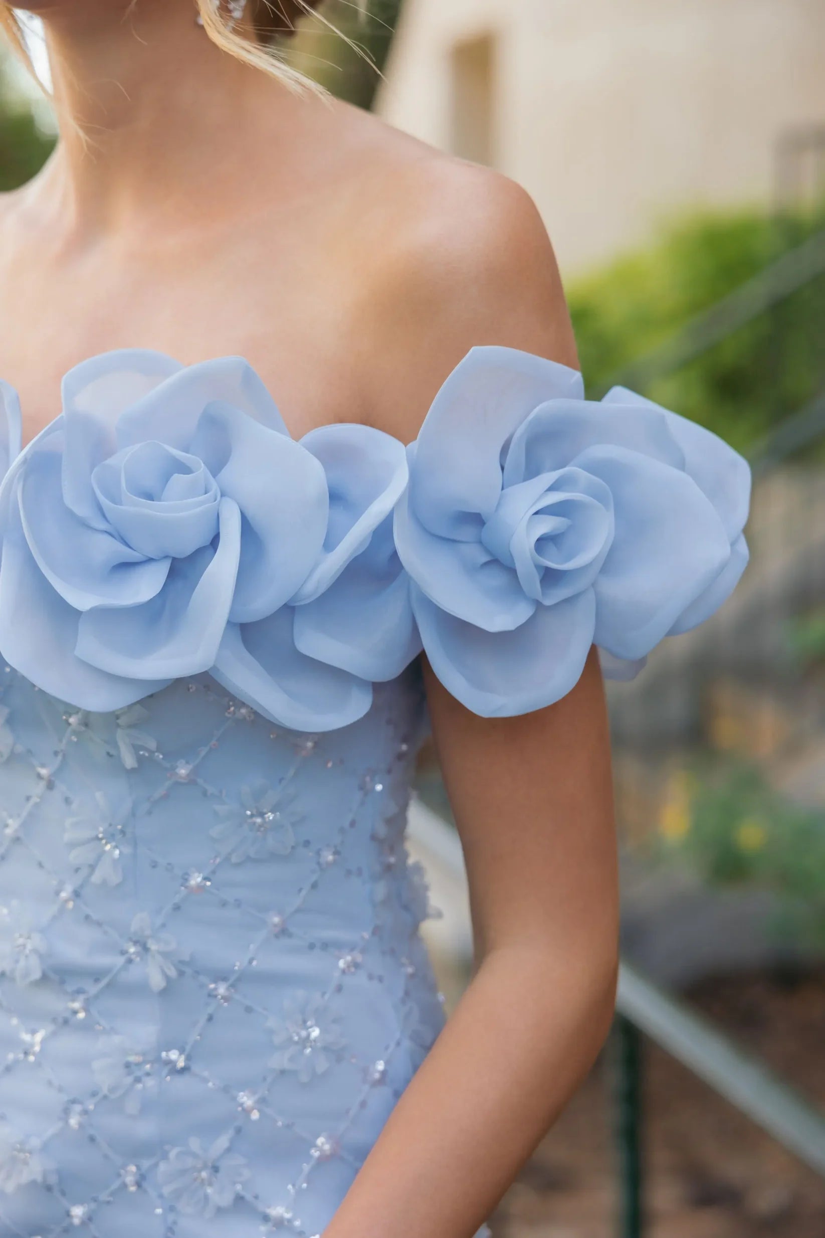 Mac Duggal Powder Blue Off The Shoulder Embellished Dress With 3D Flower Detail #21363