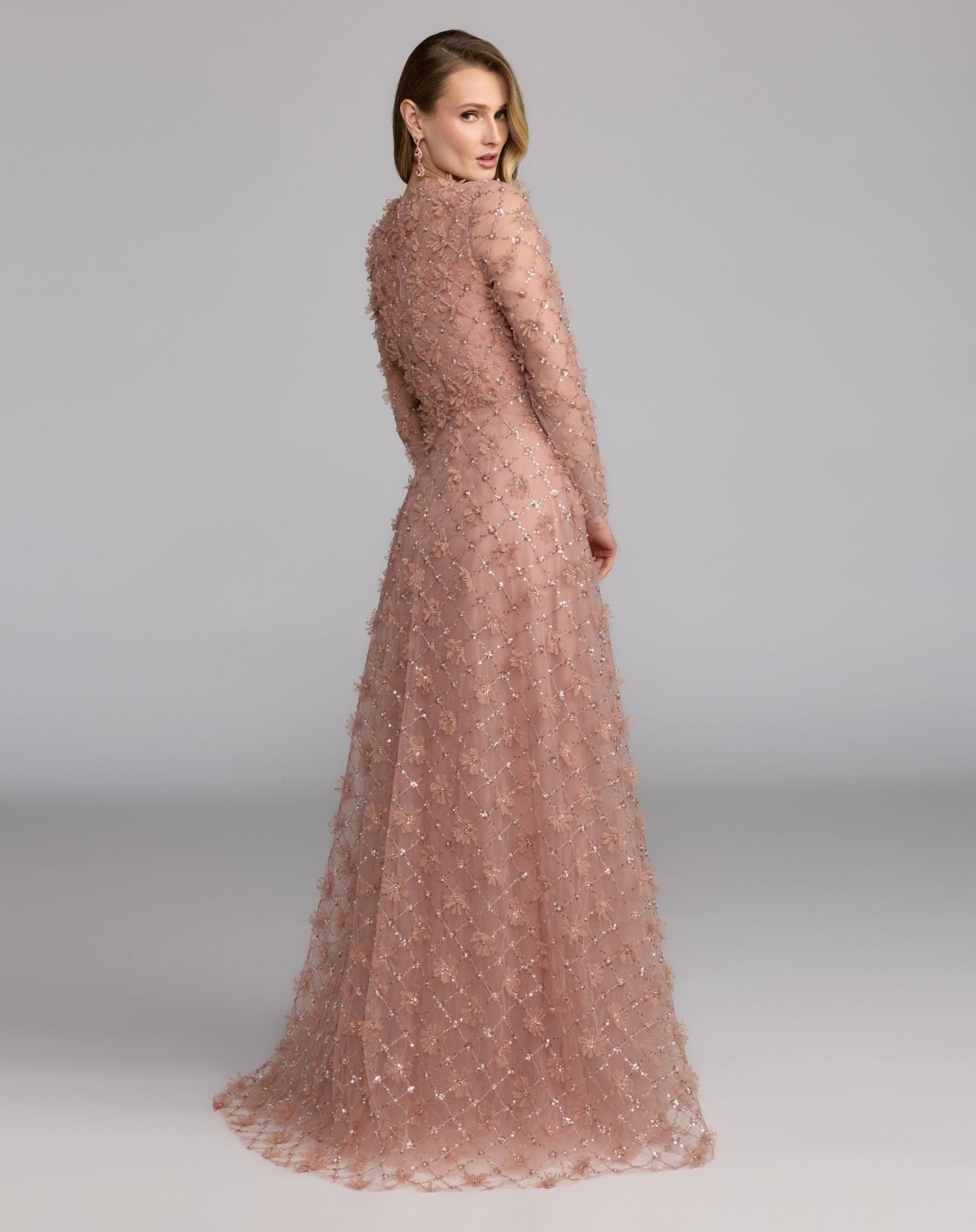 High Neck Long Sleeve Embellished A-Line Gown