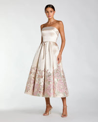 Mac Duggal 21372 Champagne Multi Floral Satin Brocade Strapless Gown with Side Pockets
