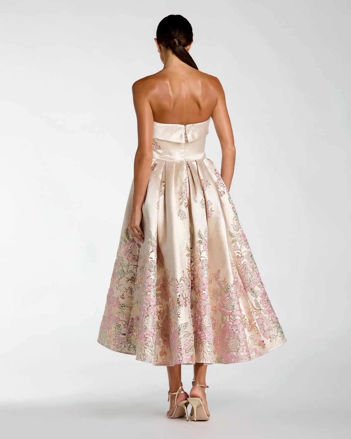 Mac Duggal 21372 Champagne Multi Floral Satin Brocade Strapless Gown with Side Pockets